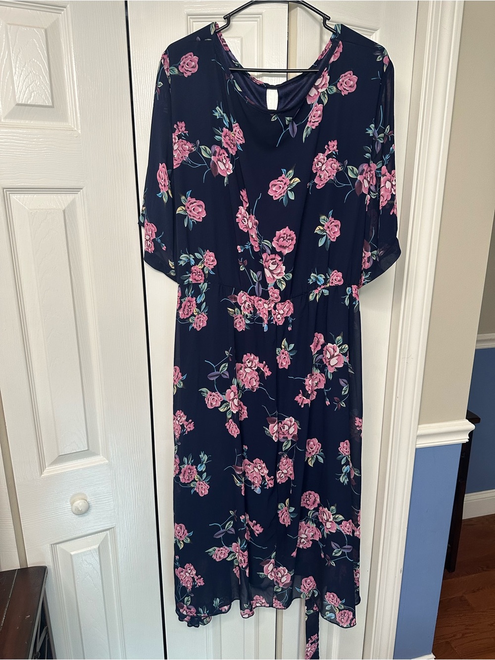 SHEIN Navy Midi Dress with Pink Rose Print